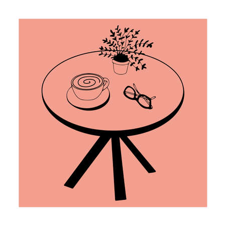Vector poster or card with cafe table with plant in pot, coffee and glassesのイラスト素材