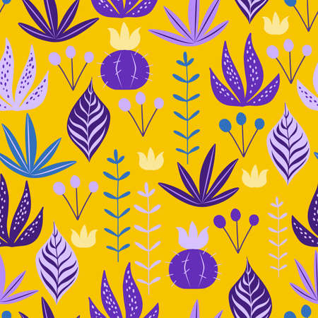 Vector seamless pattern with colorful leaves, plants and flowers in flat doodle style, vivid yellow background with purple and blue cactusのイラスト素材