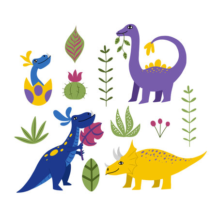 Set of cute vector dinosaur icons in flat doodle styleのイラスト素材