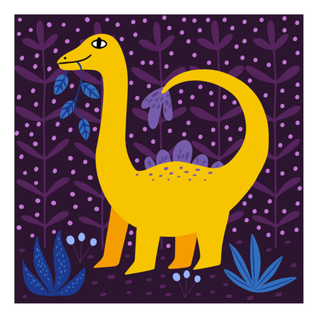 Vector card or poster with cute yellow diplodocus dinosaur on a purple backgroundのイラスト素材