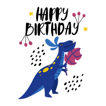 Happy Birthday greeting card with blue dinosaur holding a pretty leaf vector illustrationのイラスト素材