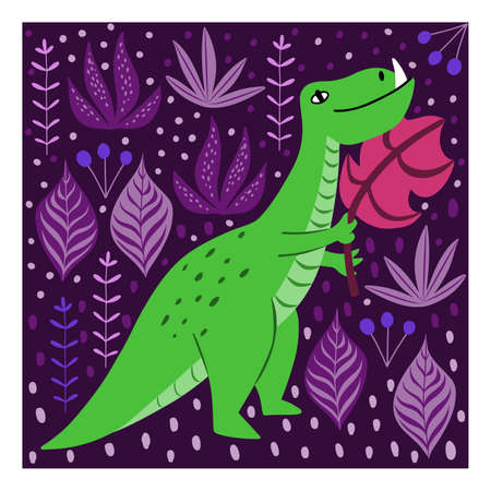 Vector card or poster with cute green dinosaur with pink leaf on a purple backgroundのイラスト素材