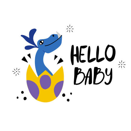 Hello baby - hand drawn lettering with cute little dinosaur hatching from an egg card or greetingのイラスト素材