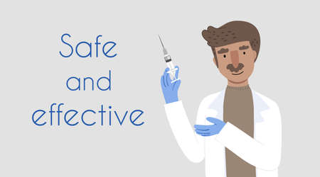 Vector poster with a doctor smiling, offering and holding a syringe with sans serif text Safe and effective. Flat illustration with light gray background about immunity and vaccinationのイラスト素材