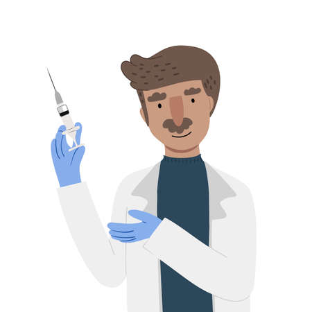 Kind doctor with a smile showing a syringe with vaccine. Flat illustration isolated on white background about immunity and vaccinationのイラスト素材