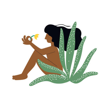 Woman holding a yellow flower and sitting behind big Haworthia succulent plant. Flat design vector illustrationのイラスト素材