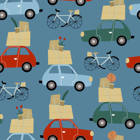 Vector seamless pattern with neo retro cars moving with boxes and plants on the roofs, moving to new homeのイラスト素材