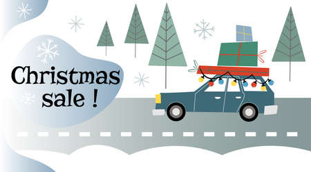 Cute old fashioned banner with lettering Christmas sale in mid century modern style with retro car driving home with packed gifts on a snowy roadのイラスト素材