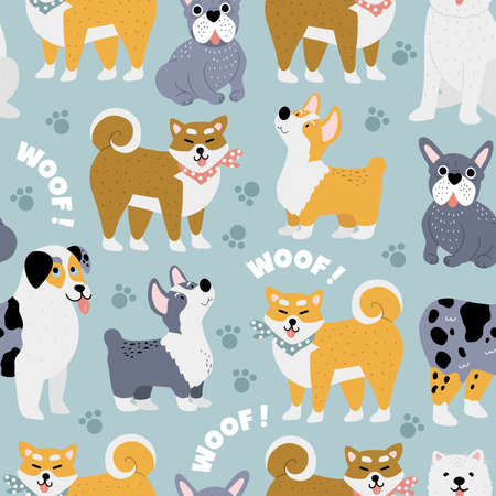 Vector seamless pattern with cute doodle different dog breedsのイラスト素材