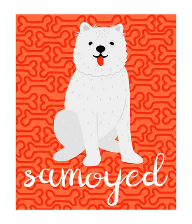Cute doodle Samoyed doggy with lettering poster or card on red funny backgroundのイラスト素材
