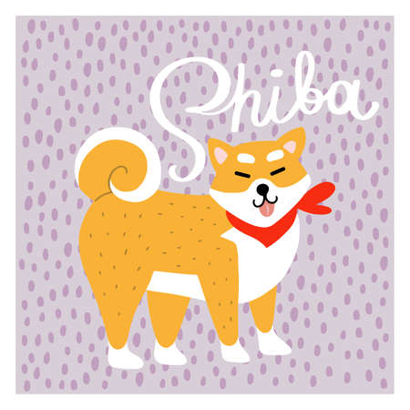 Cute doodle Shiba-inu doggy with lettering poster or card on polka dot backgroundのイラスト素材