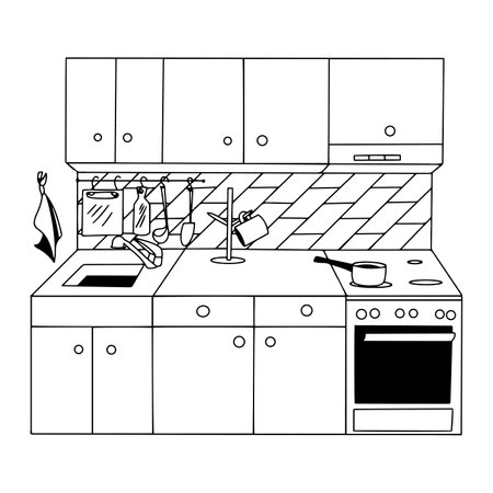 Kitchen interior with cooking zone flat vector illustration in outline black and whiteのイラスト素材