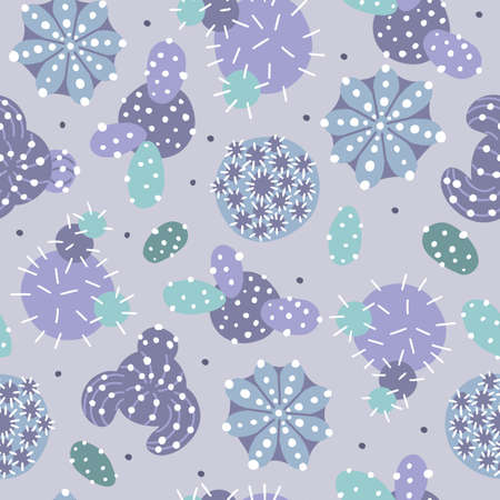 Hand drawn vector seamless pattern with purple and blue cactus plant flat lay, view from aboveのイラスト素材