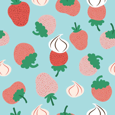 Vector seamless pattern with fresh strawberries with whipped cream on a sky blue background. Flat style designのイラスト素材