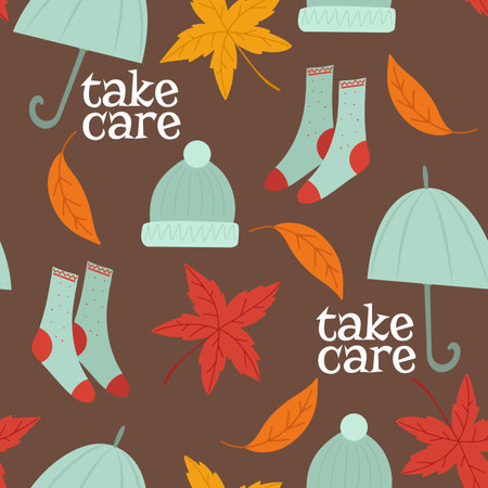 Seamless pattern with autumn vibes -warm socks, hat and umbrella, white text - Take care, falling leaves on brown backgroundのイラスト素材