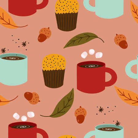 Seamless pattern with autumn pumpkin muffins and hot drinks - chocolate, coffee, marshmallows, spice and falling leavesのイラスト素材