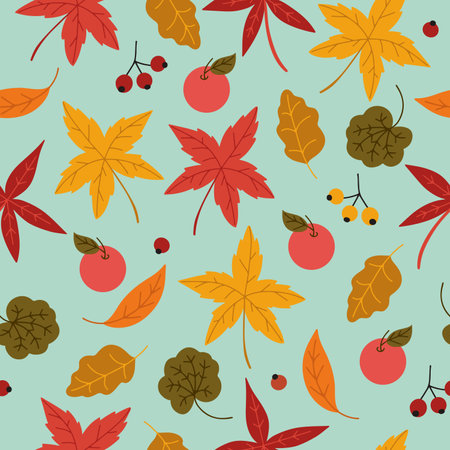 Seamless pattern with autumn falling leaves, apples and rowan berriesのイラスト素材