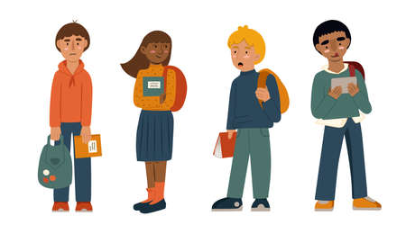 Set of diverse kids back to school with backpacks, books and notepads isolated on white background. Girl and boy looking at each other.のイラスト素材