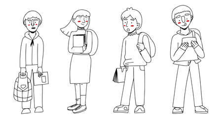 Line art kids with cute red cheeks back to school with backpacks, books and notepads isolated on white backgroundのイラスト素材