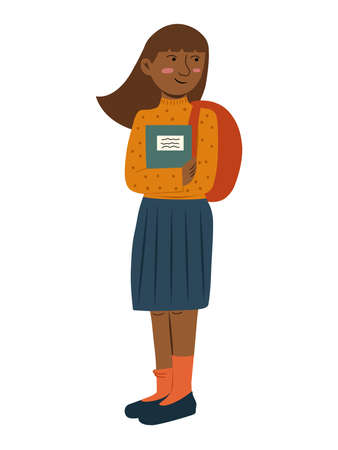 Young teenaged afro american girl with backpack holding notepad ready for day at schoolのイラスト素材