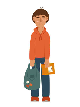 Young teenage boy with confused emotion forgot his homework back to schoolのイラスト素材