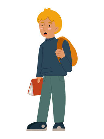 Young teenage blond boy looking amazed, holding book and backpackのイラスト素材