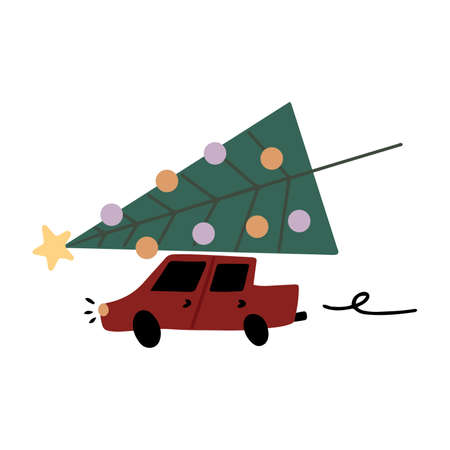 Cute doodle red car with Christmas tree on the roof, driving home. New Year and Christmas celebration vector illustration isolated on white backgroundのイラスト素材