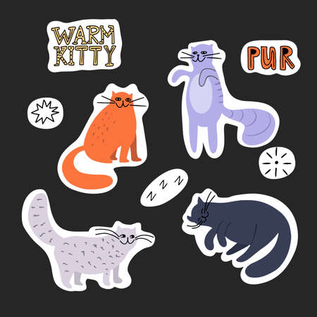 Set of cute doodle cats stickers isolated on dark background in flat style vector illustrationのイラスト素材