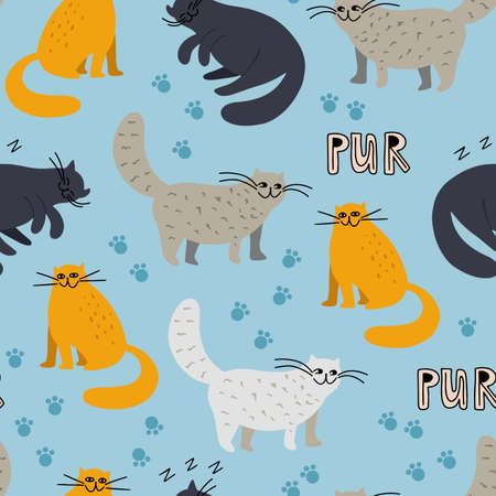 Vector seamless pattern with cute doodle catsのイラスト素材