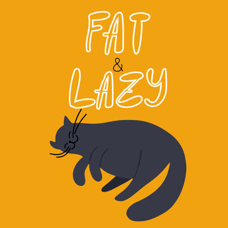 Cute doodle black cat card or poster with hand written lettering fat and lazyのイラスト素材