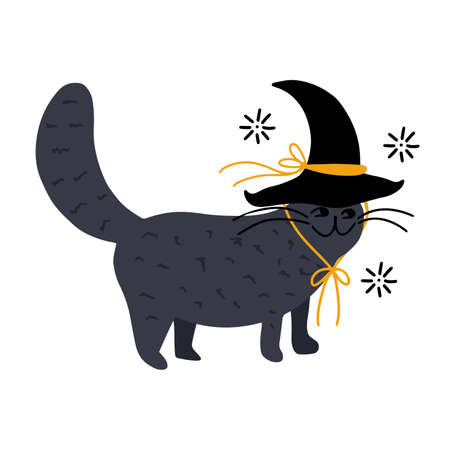 Cute doodle witches cat in a pointy hat. Flat vector illustration isolated on white backgroundのイラスト素材