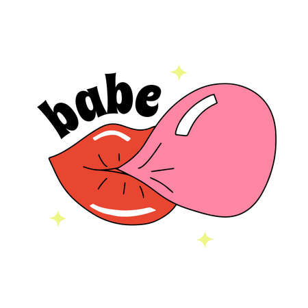 Full lips with lipstick blowing bubble gum with lettering babeのイラスト素材