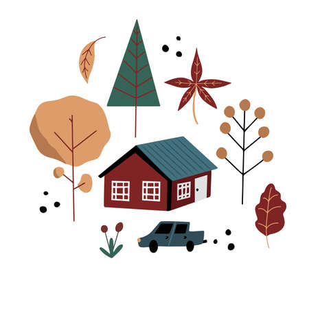 Cute little Scandinavian house with car and autumn trees doodle vector illustrationのイラスト素材