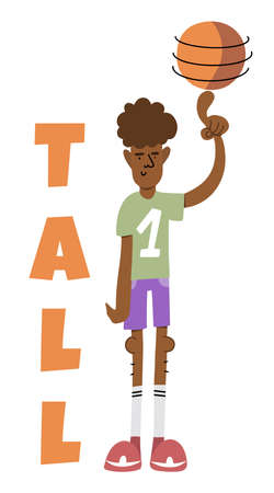 Tall guy basketball player in flat doodle style, spinning the ball on his finger, vertical lettering Tall.のイラスト素材