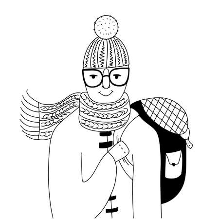 Line art person wearing warm and cozy clothes, scarf, hat and mittens, ready for cold weather outfit. Tourist with full backpackのイラスト素材