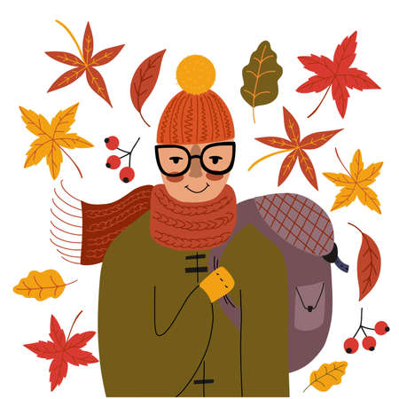 Person wearing warm and cozy clothes, scarf, hat and mittens, ready for cold autumn outfit, with falling leaves around himのイラスト素材