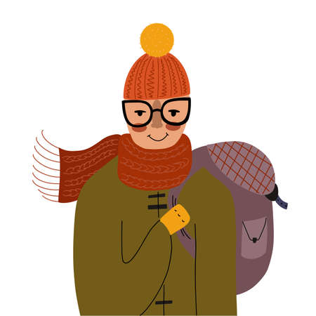 Person wearing warm and cozy clothes, scarf, hat and mittens, ready for cold weather outfit. Tourist with full backpackのイラスト素材