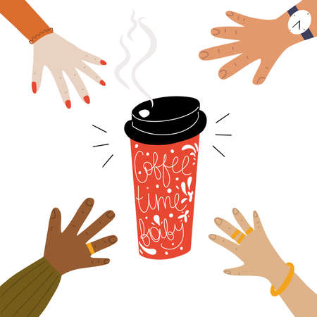 Take away paper cup with hot coffee and lettering on it - Coffee time baby, with hands around trying to take it, concept vector illustrationのイラスト素材