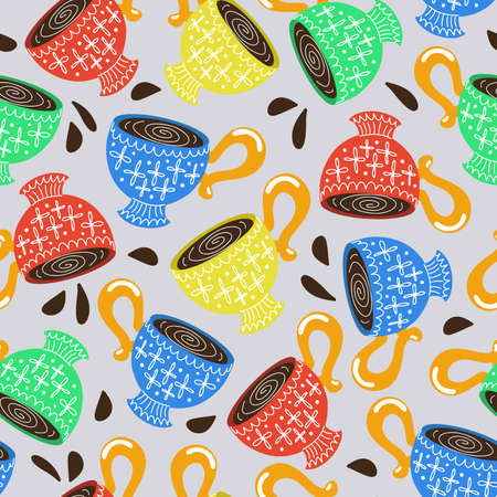 Vector seamless patter n with colorful porcelain cups with coffeeのイラスト素材
