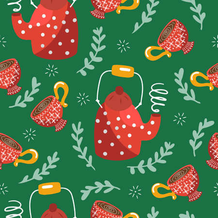 Vector seamless pattern with red porcelain fancy cups and big rusty rusty teapot on a green backgroundのイラスト素材