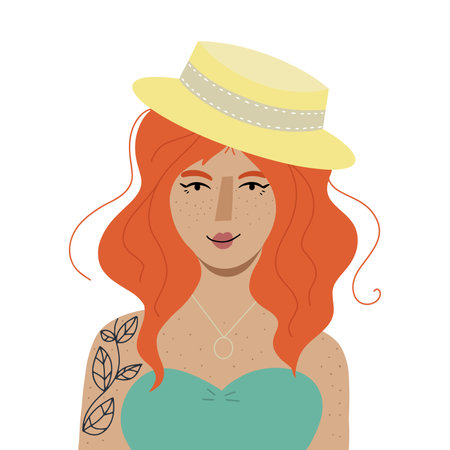 Beautiful redhead ginger girl with freckles  on body and face in straw hat and dress vector illustrationのイラスト素材