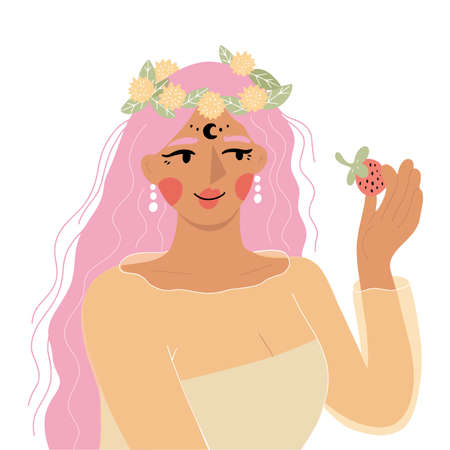 Beautiful plus size girl with long pink hair, flower crown, in lightweight dress holding little berry in her hand, crescent moon on her faceのイラスト素材