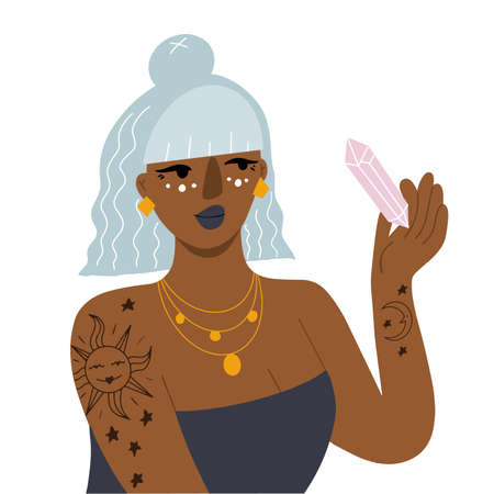 Beautiful black woman with tattoos, modern witch holding a crystal vector illustrationのイラスト素材