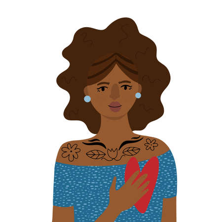 Young modern black woman with tattoos on her chest touching red heart with her hand, symbolizing love and compassion vector illustrationのイラスト素材