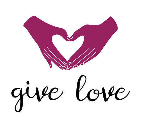 Hands in finger heart gesture pose, hand drawn vector illustration with lettering - give love.のイラスト素材