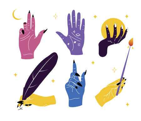 Set of mystical icons of female hands doing magic, hand gestures with crystal ball, candle, raven feather, crescent moon and starsのイラスト素材