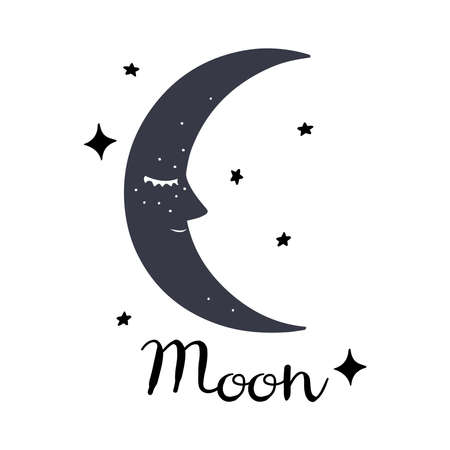 Vector illustration with vintage styled Moon and lettering, isolated on white backgroundのイラスト素材