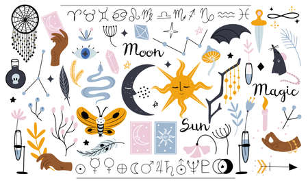 Big vector set of magical and wiccan clipart elements, horoscope zodiac signs, planet symbols and letteringのイラスト素材