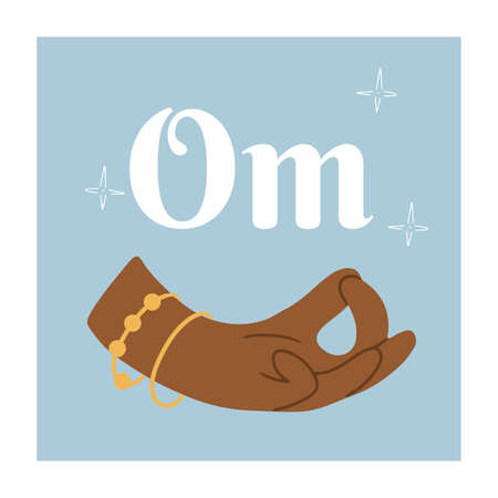 Vector illustration of a hand with bracelets in pose chin mudra and lettering Om. Yoga and mindfulness cardのイラスト素材