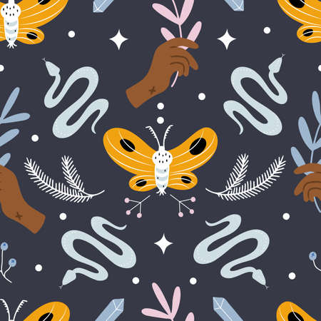 Vector seamless pattern with spiritual and magical elements, like herbs, snakes, moth, hands and sparklesのイラスト素材